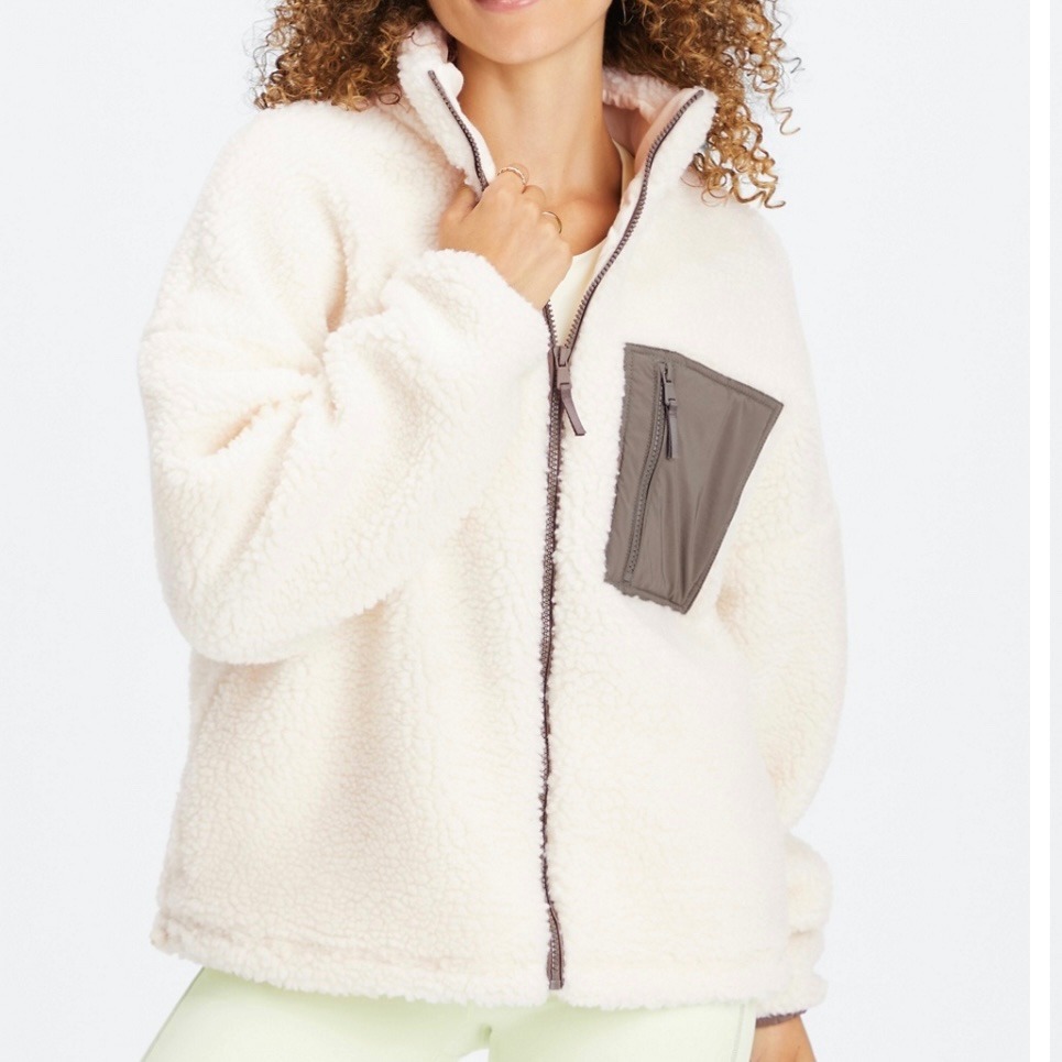 Fabletics Plus Size 1x Rylan Sherpa Jacket Ivory With Olive Pocket